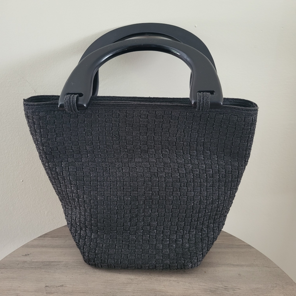 Talbots Women Basketweave Woven Dual Handle Vintage Retro Black‎ Bag Satchel
